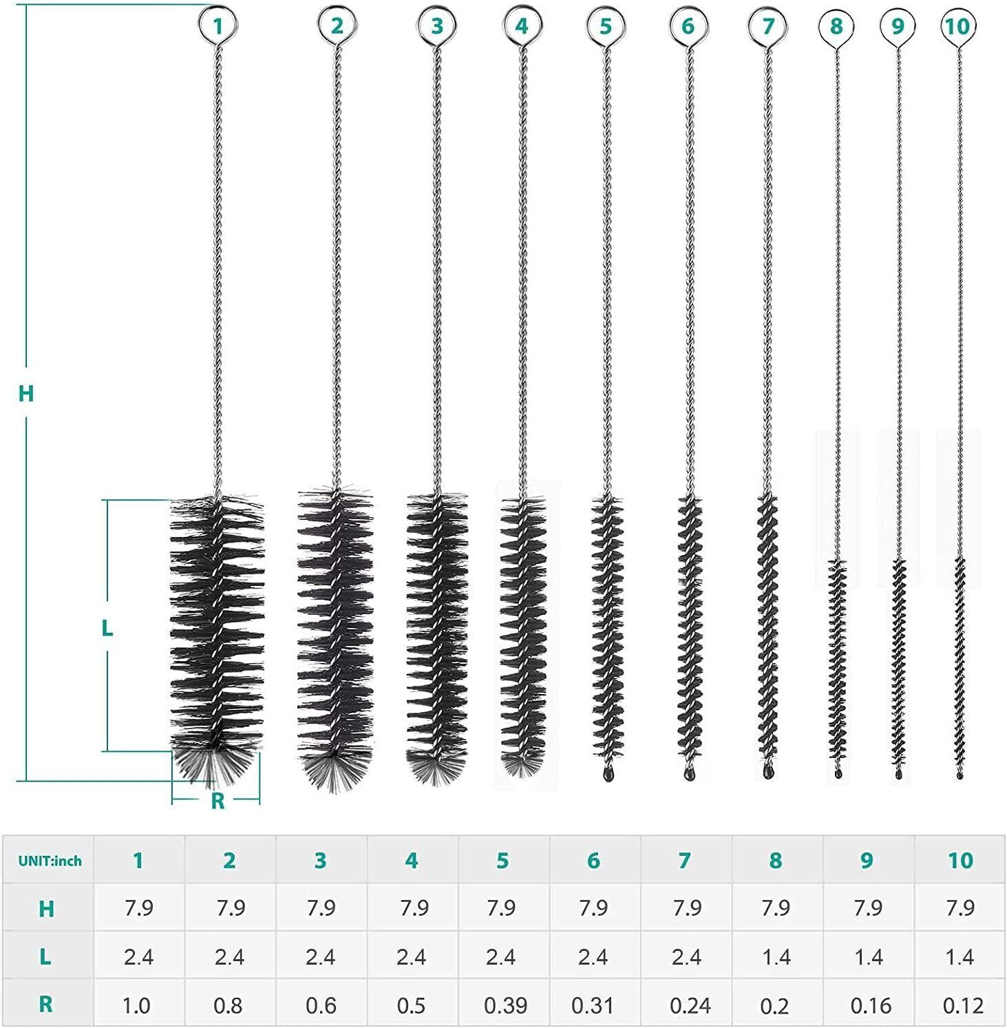 US Nylon Straw Brush Cleaner Bottle Tube Pipe Small Long Cleaning 10 PCS Set Kit