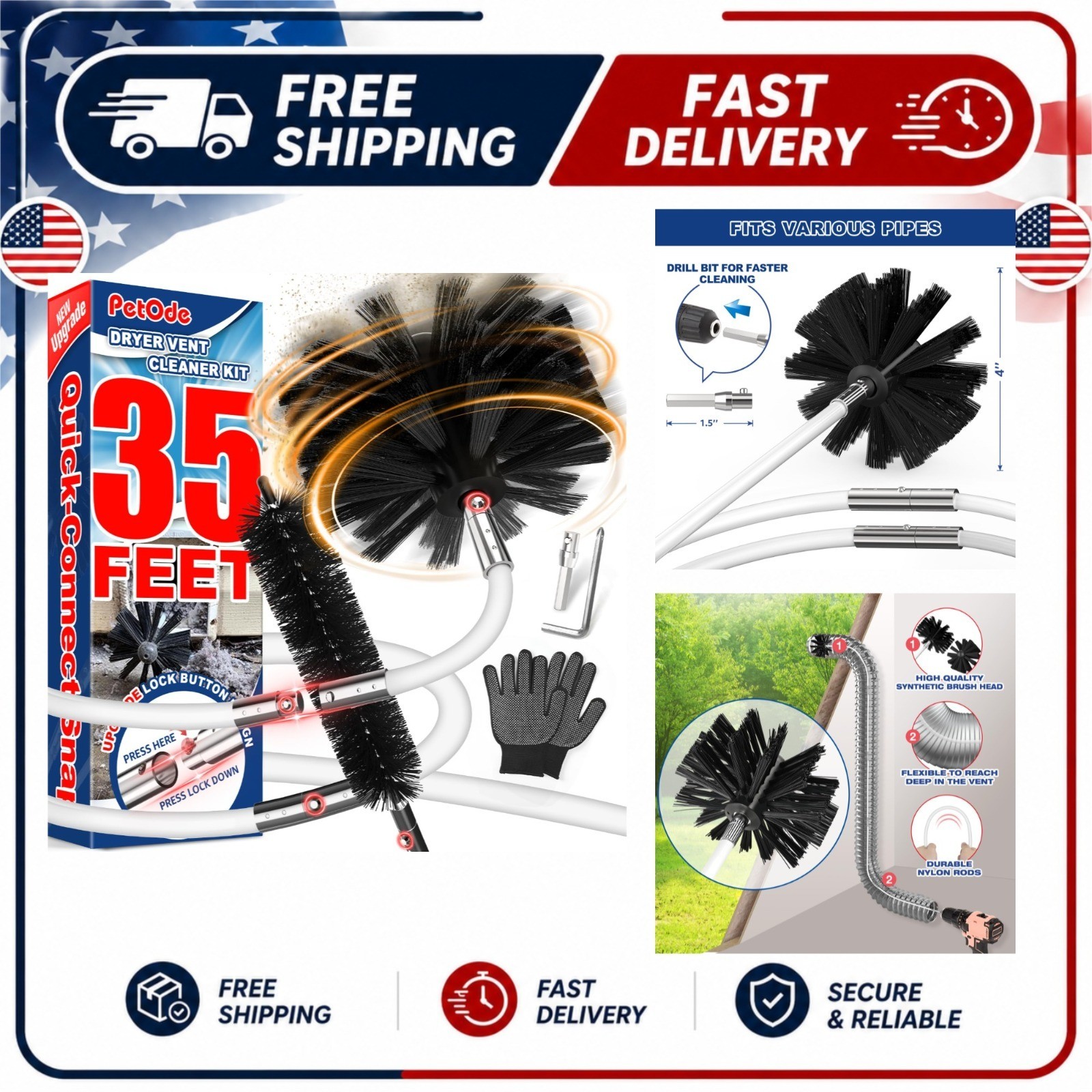 Dryer Vent Cleaner Kit 35 Feet Lint Brush Drill Attachment PetOde
