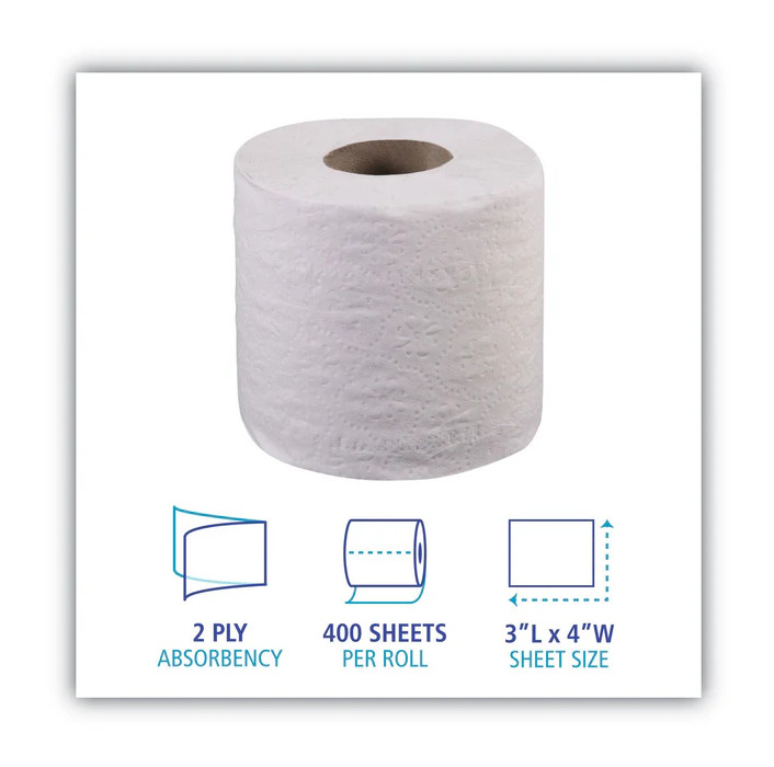 Boardwalk 2-Ply Toilet Tissue, Septic Safe, White, 400 Sheets/Roll, 96 Rolls