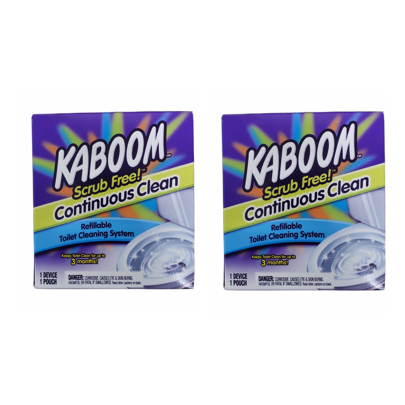 2 Pack KABOOM Scrub Free Continuous Toilet Cleaning System 1 Device 1 pouch