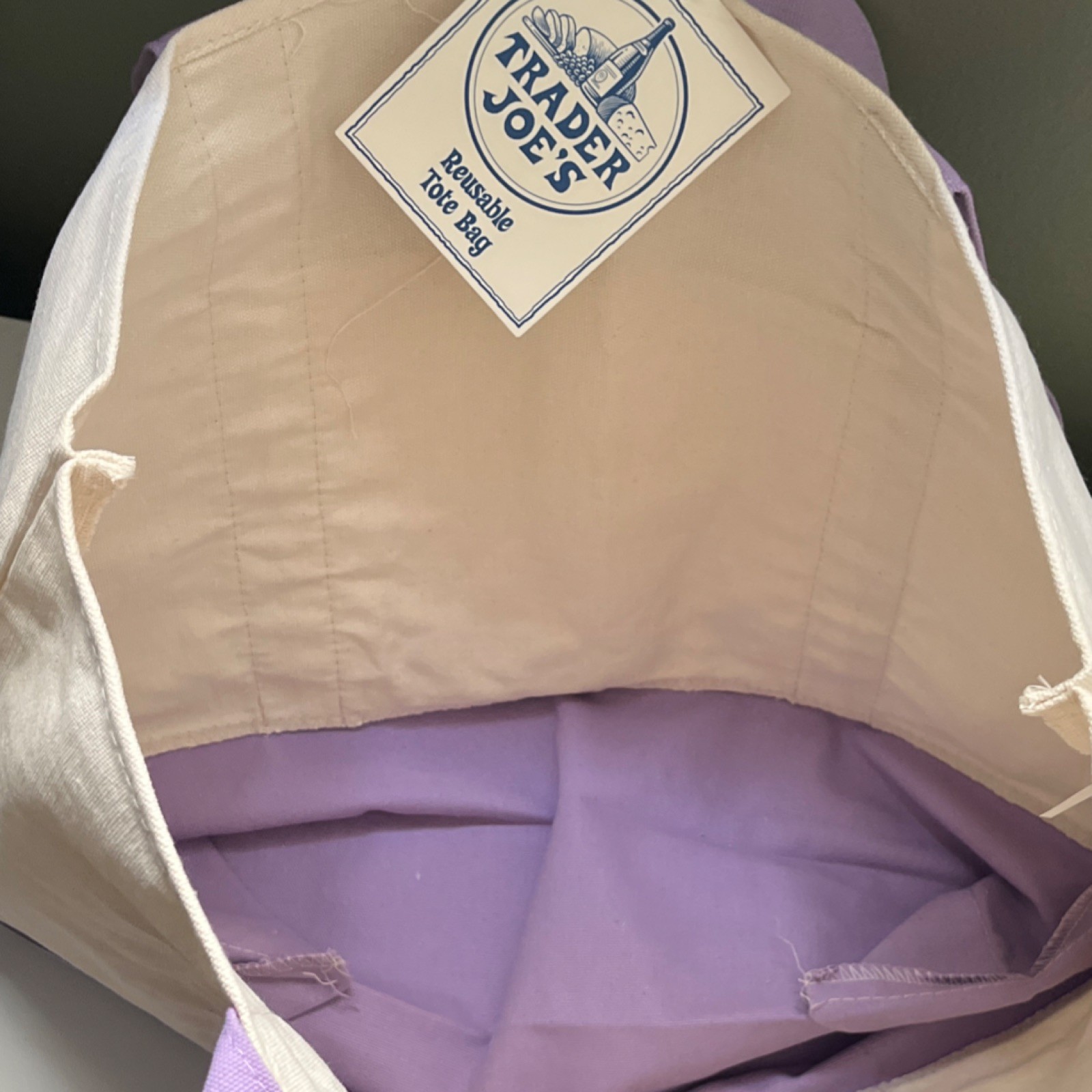 Trader Joe’s Foldable Reusable Tote Bag Beige Purple Solid Plain