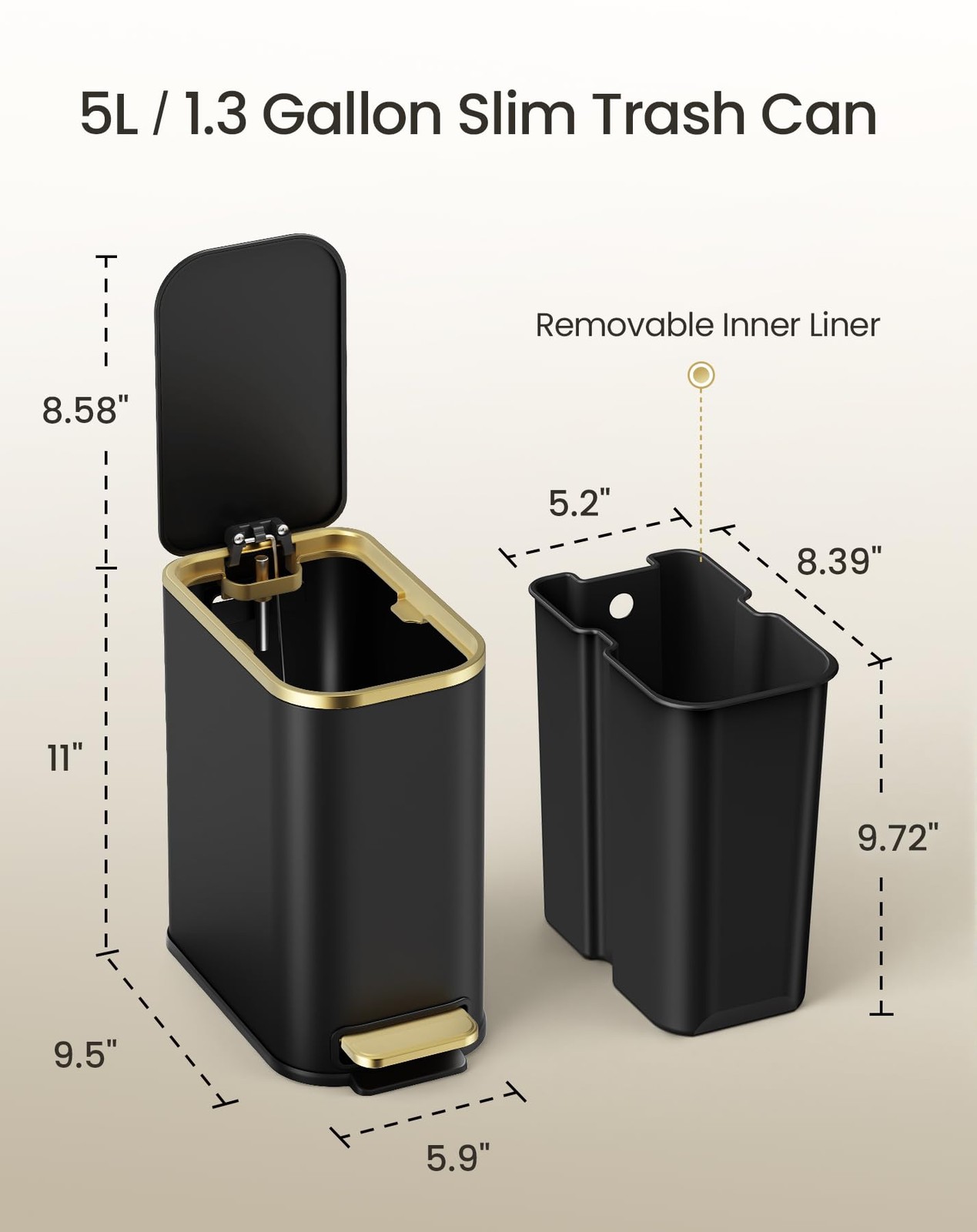 1.3 Gallon 5L Small Bathroom Trash Can with Lid Soft Close Black Gold