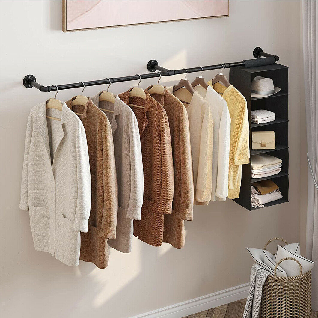 Clothes Rack Industrial Pipe Wall Mounted Garment Rack Hanging RodCloset Storage