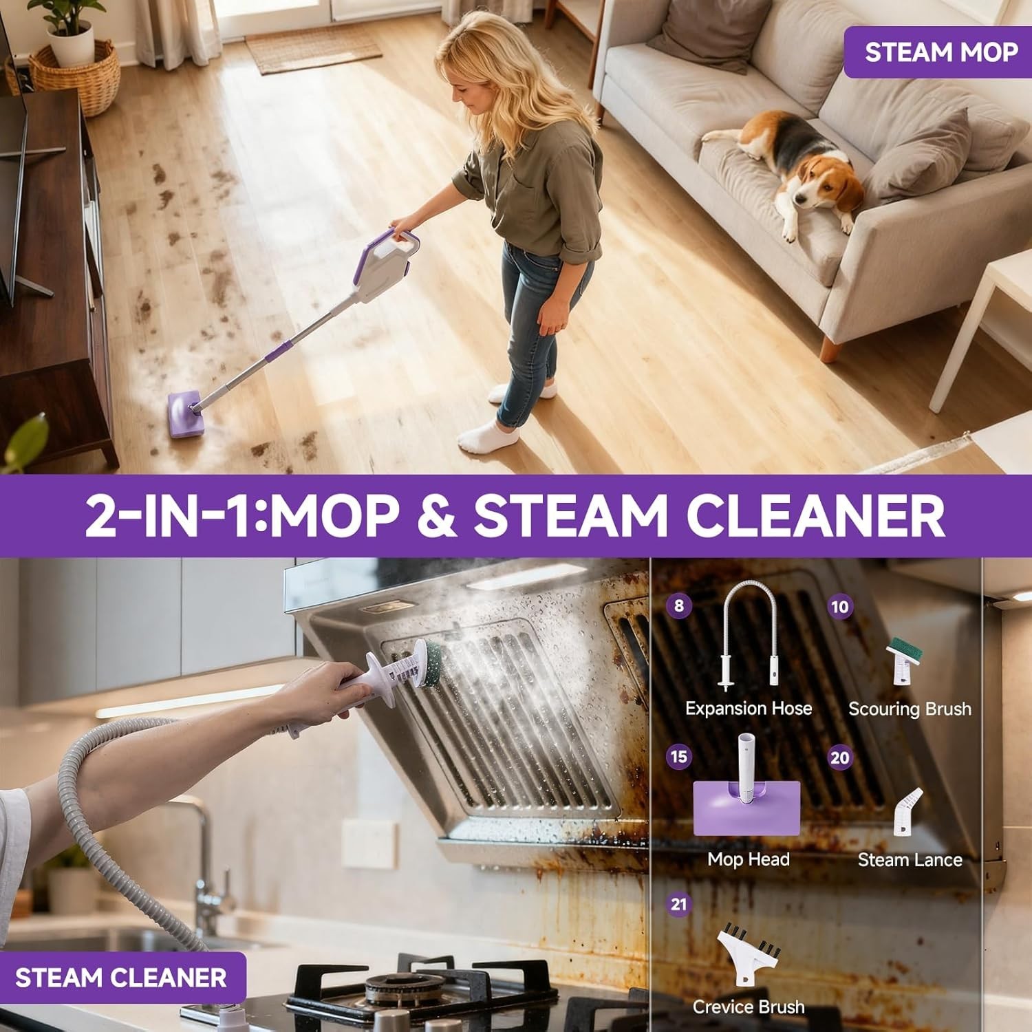 Steam Mop Detachable Handheld Steamer 350ml Tank for Floors, Tiles, Windows