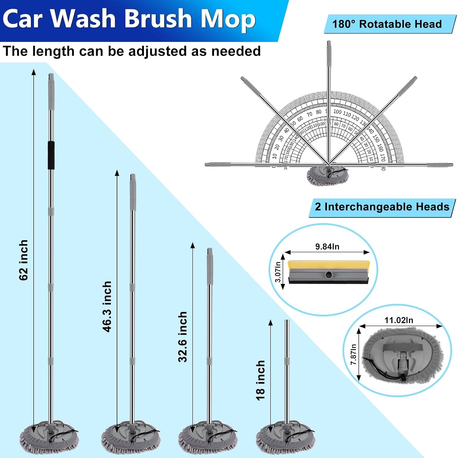 THINKWORK 25-in-1 Car Wash Kit, 62″ Long Handle Mop & Squeegee