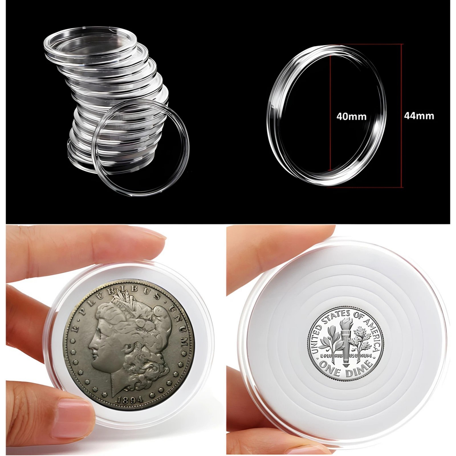 50pack 40mm Coin Capsules For 1oz Silver Bullion w/Box+7 Sizes Sponge Gaskets US