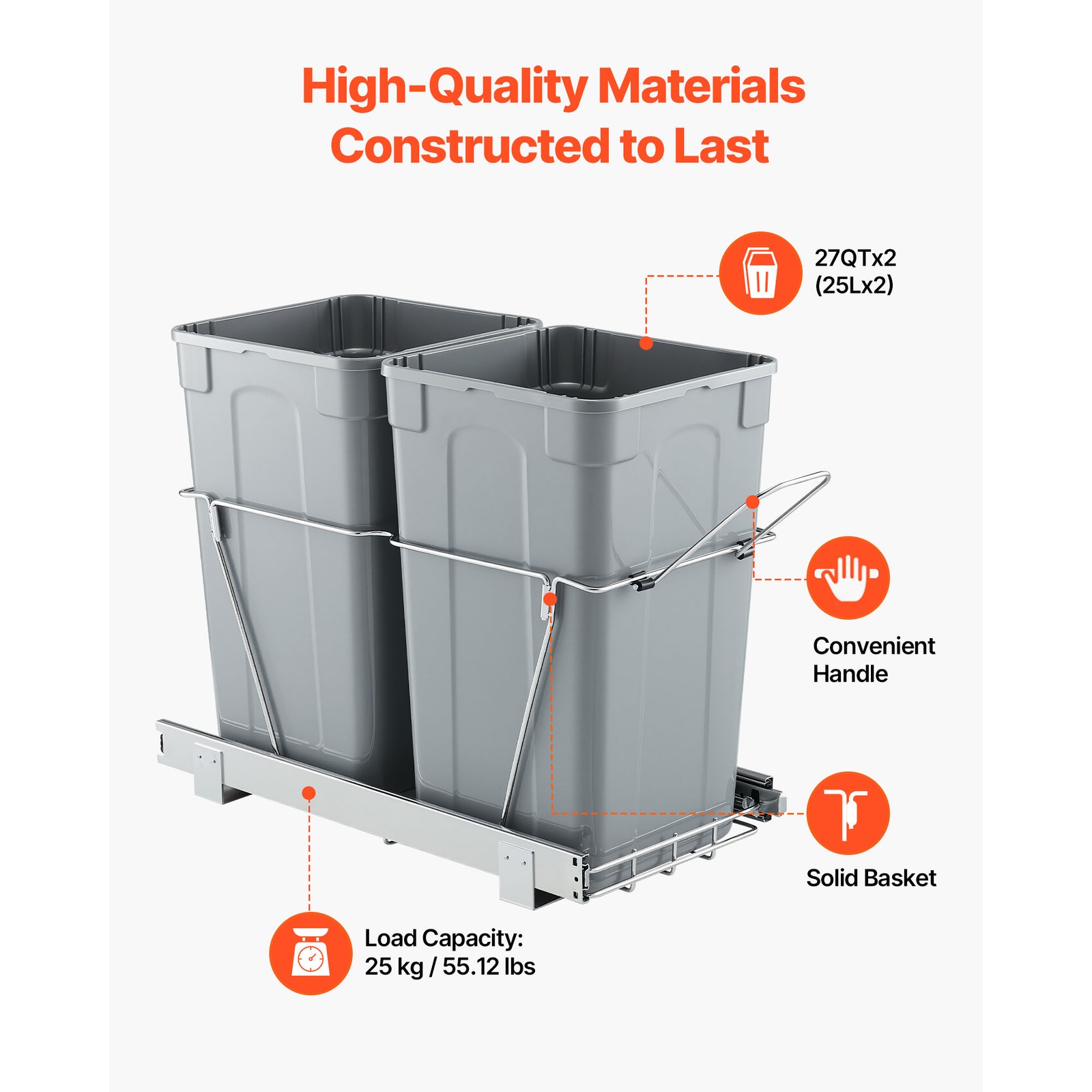 Uimoso Double 27QTx2 Pullout Waste Container Under Cabinet Kitchen Bin Trash Can