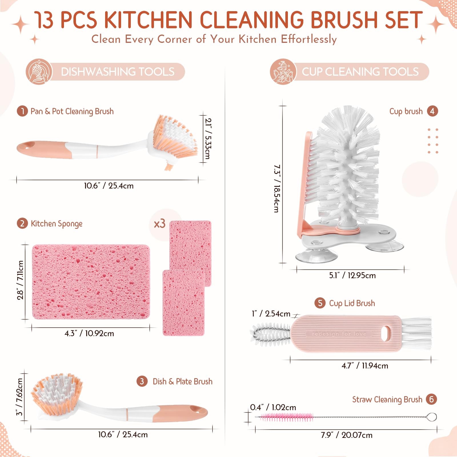 Ferrochef 10 Pack Dish Brush Set for Household Use Kitchen Scrub Brushes with…