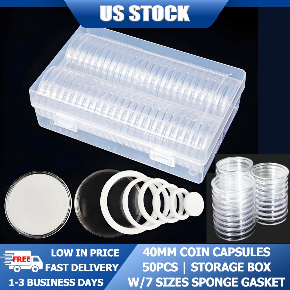 50pack 40mm Coin Capsules For 1oz Silver Bullion w/Box+7 Sizes Sponge Gaskets US