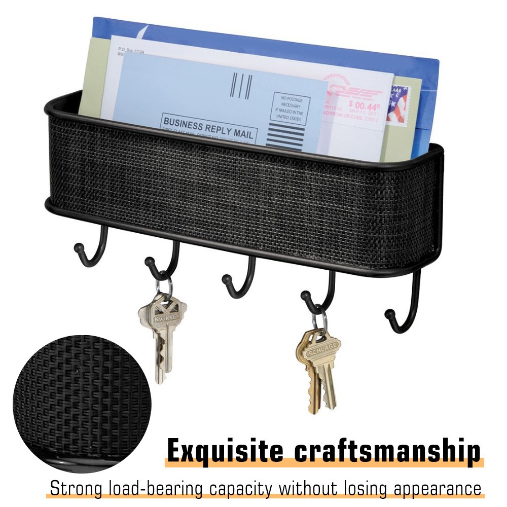 Wall-Mounted Key Holder & Mail Organizer with 5 Hooks – Entryway Storage & Decor