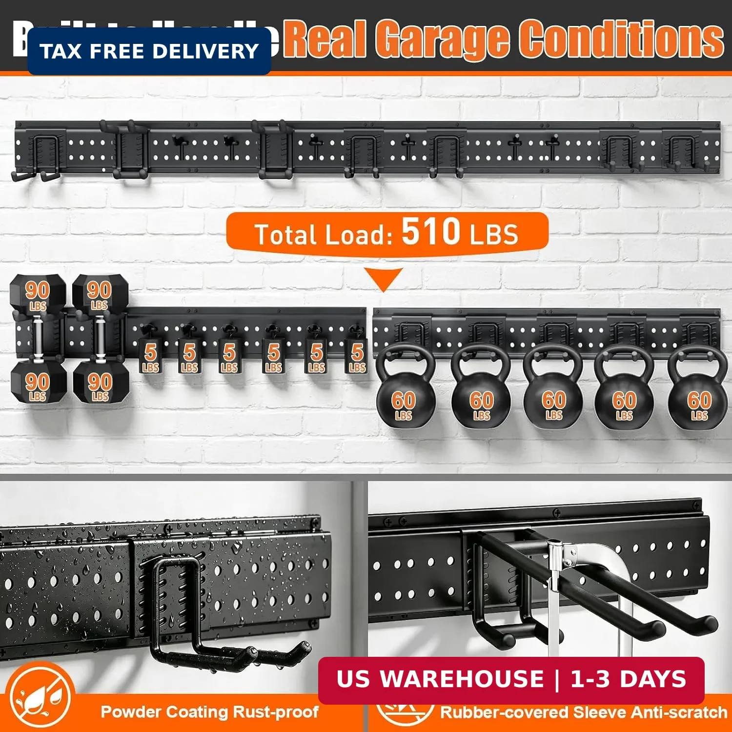 Garage Tool Organizer Wall Mount 66 inches with 13 Adjustable Heavy-Duty Hooks,