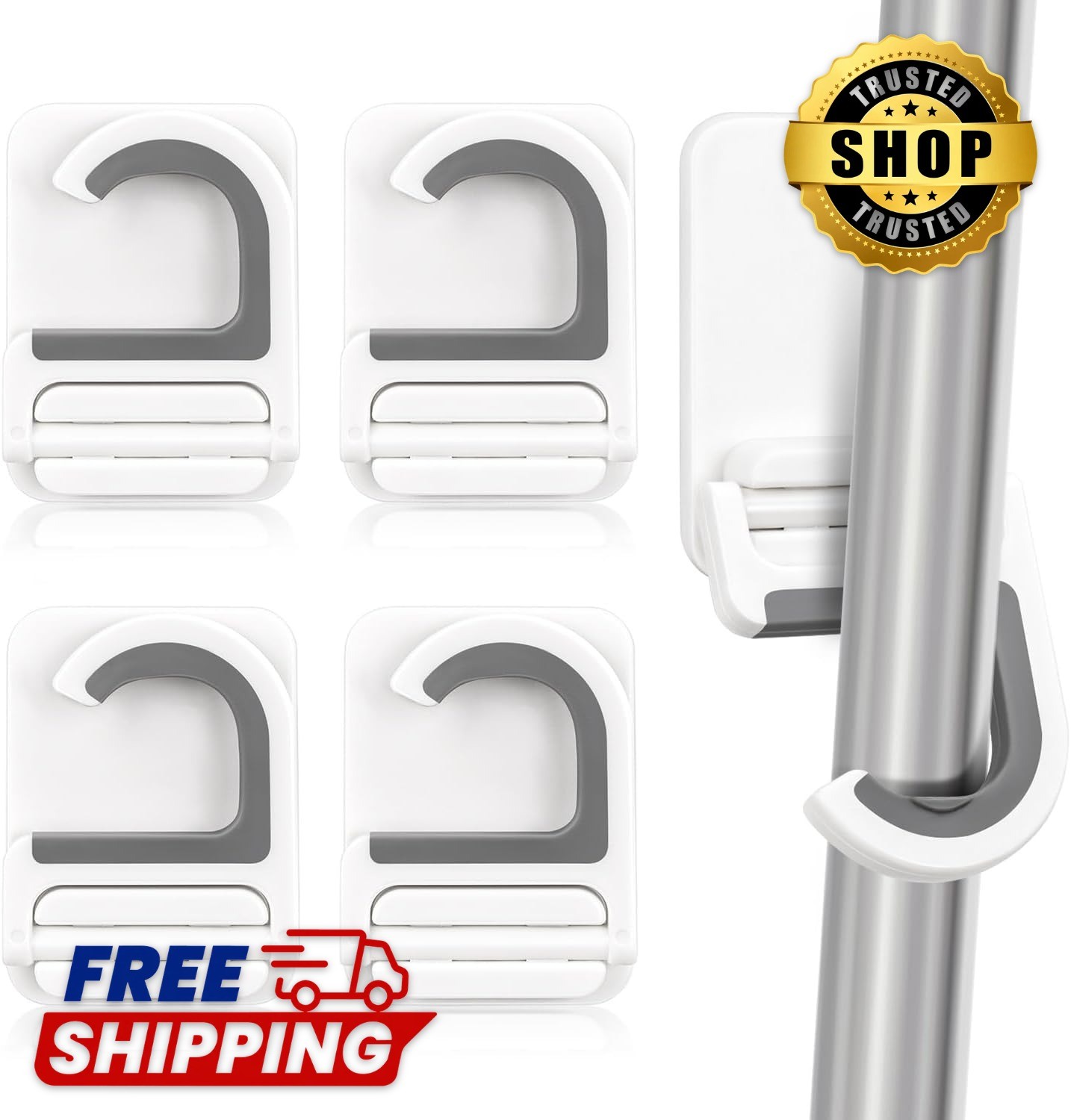 4-Pack Wall Mount Mop & Broom Holder Self-Adhesive Anti-Slip Storage Hooks