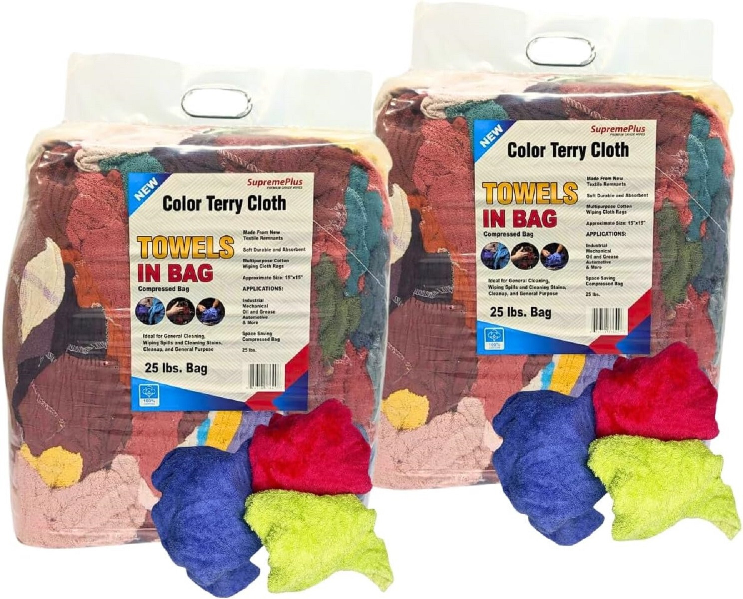 New Color Terry Towel Rags for Cleaning – 50 lbs. Case 2×25 lbs. Compressed Bags