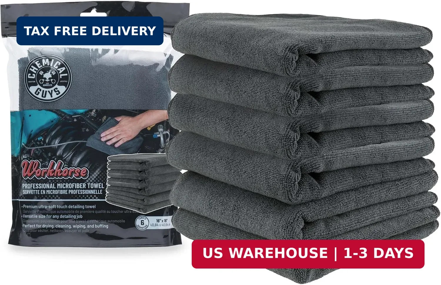 Chemical Guys MIC35306 Workhorse Professional Grade Microfiber Towel, Black (16