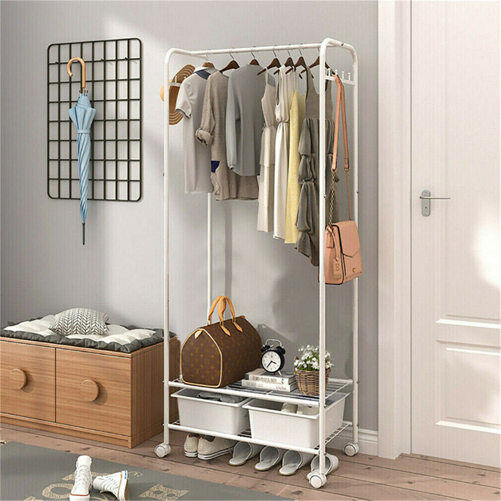 Heavy Duty White Clothing Garment Rack Rolling Clothes Organizer 2 Tiers Shelves