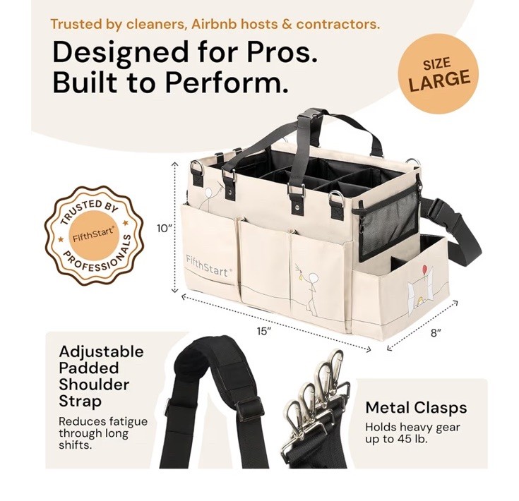 Multiuse Cleaning Caddy with Waist & Shoulder Strap,9 Pockets Beige Large Bag