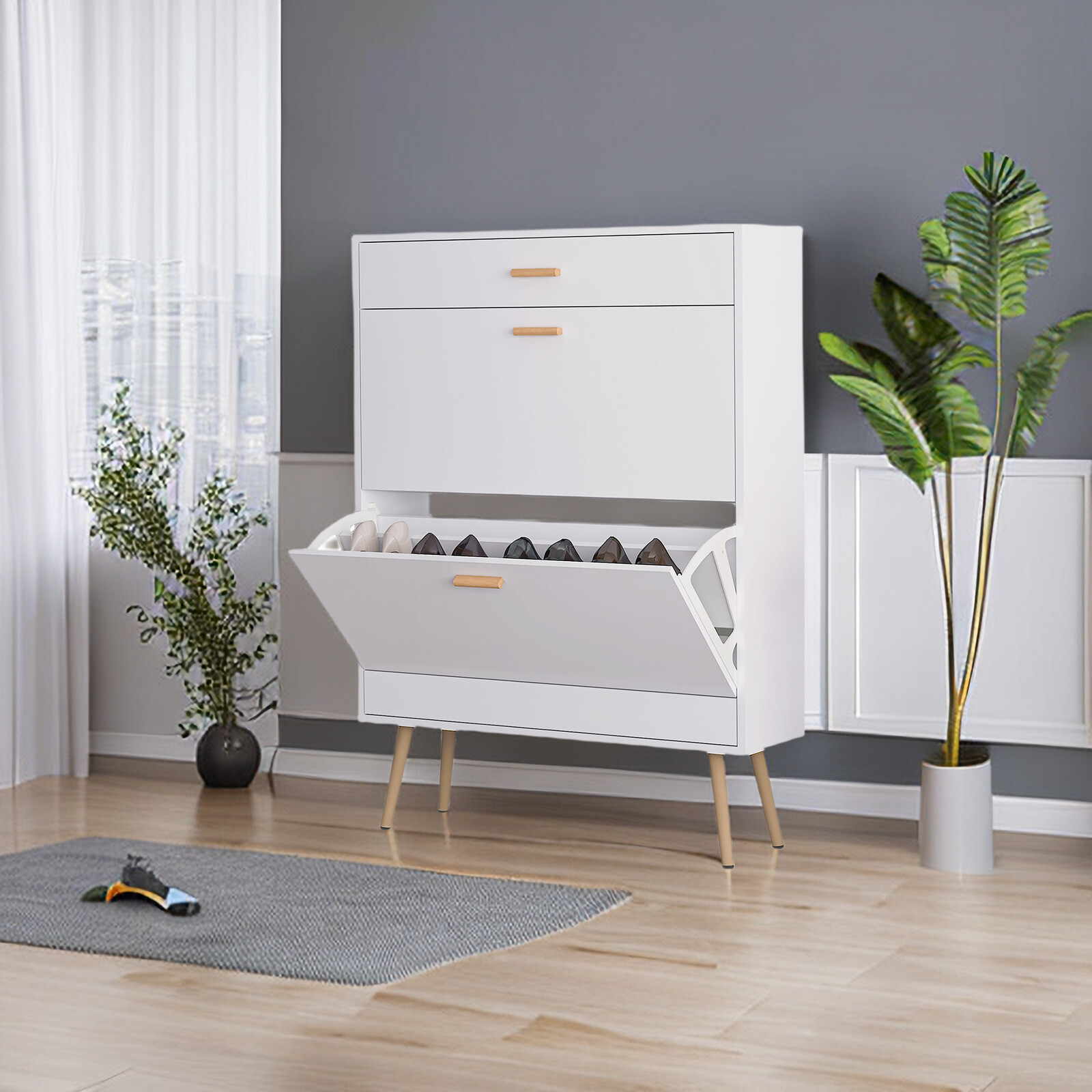 White 2 Flip Drawers Shoe Cabinet, Luxury Shoe Storage & Shoe Rack