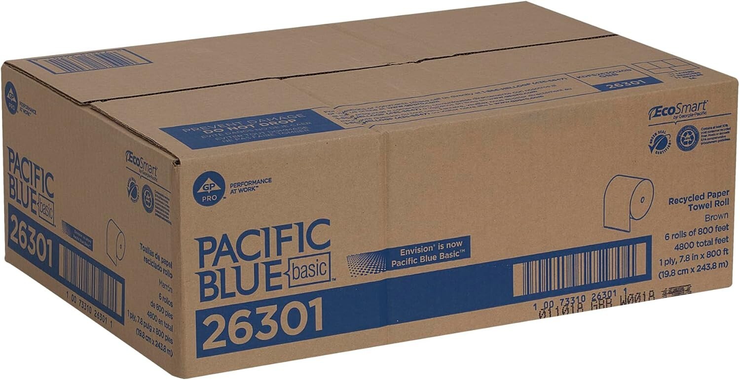 Pacific Blue Basic 800ft Recycled Hardwound Paper Towel Rolls – 6 Count