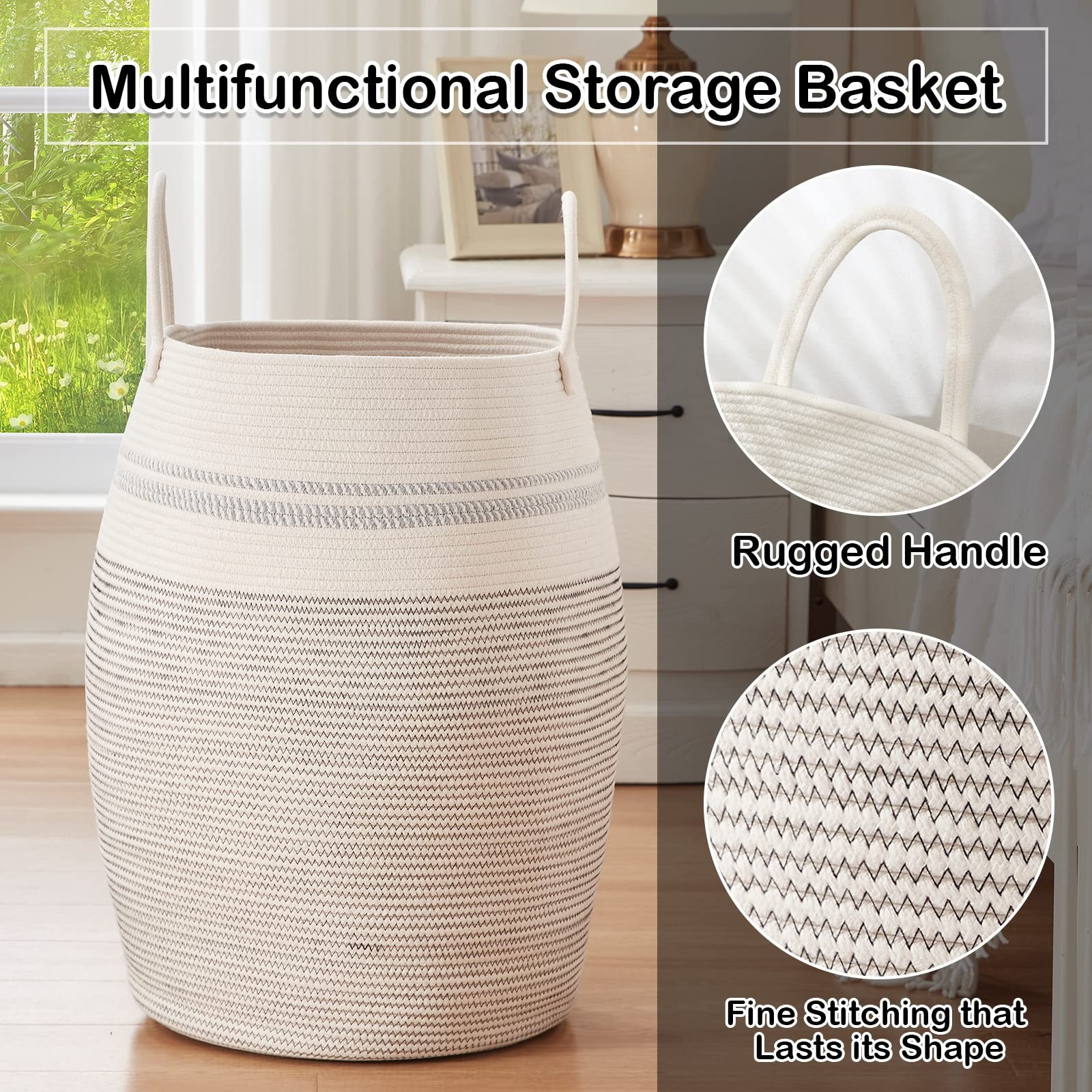 Laundry Hamper Woven Cotton Rope Large Clothes Hamper 25.6″ Height Tall Laund…