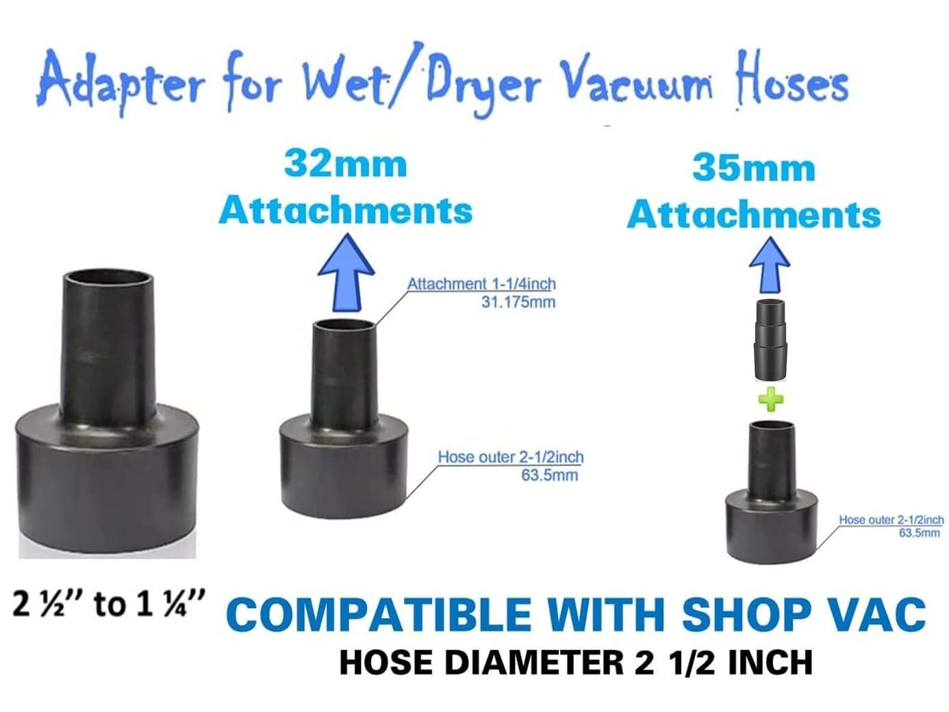 Universal Vacuum Hose Adapter Kit Reducer Attachment Set Converter From 1 1/2 In
