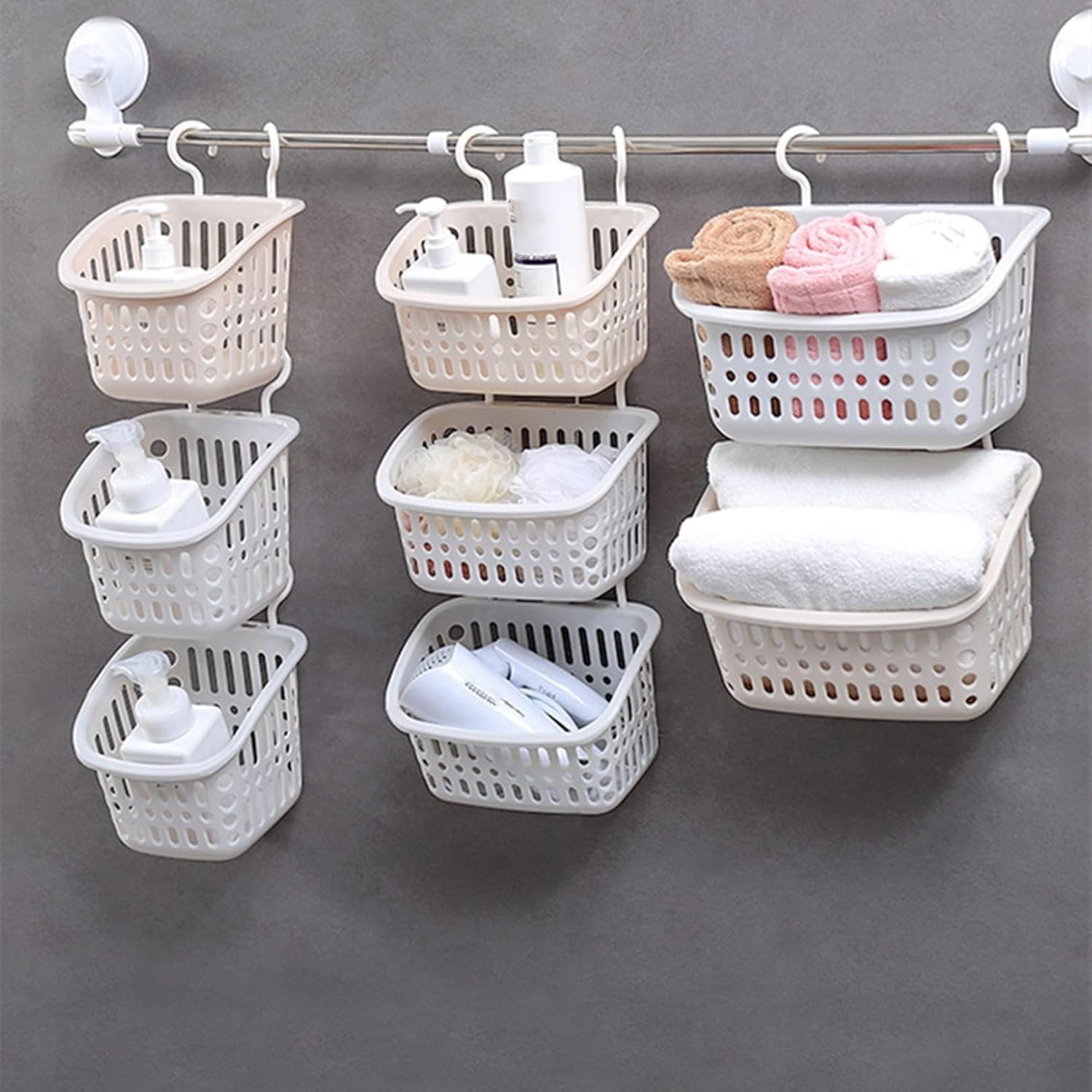 3PCS Grey Hanging Plastic Shower Baskets, Bathroom Storage w/ Hooks