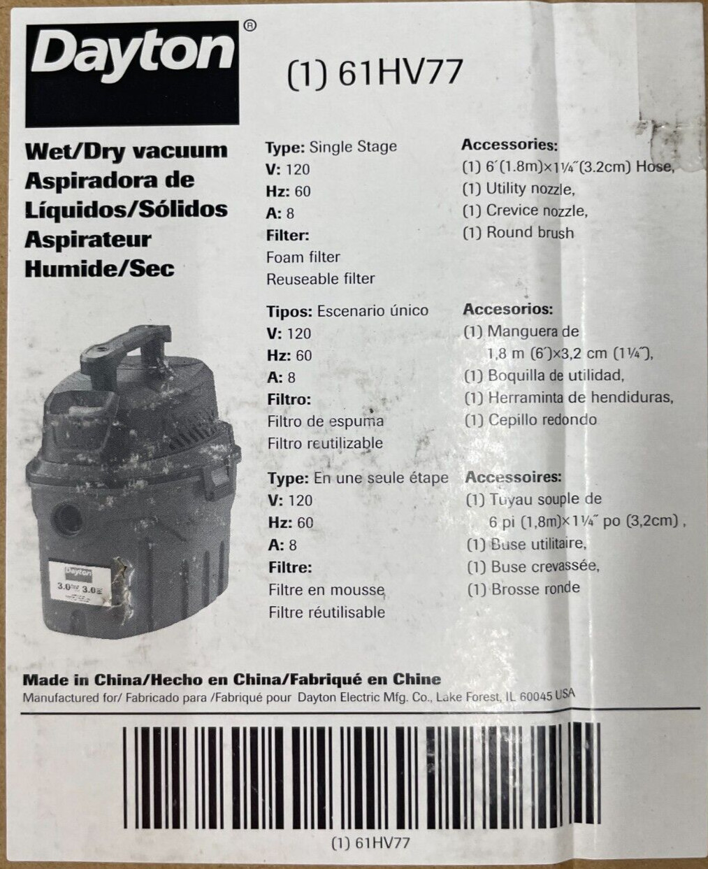 Dayton 61Hv77 Portable Wet/Dry Vacuum,3 Gal,960 W