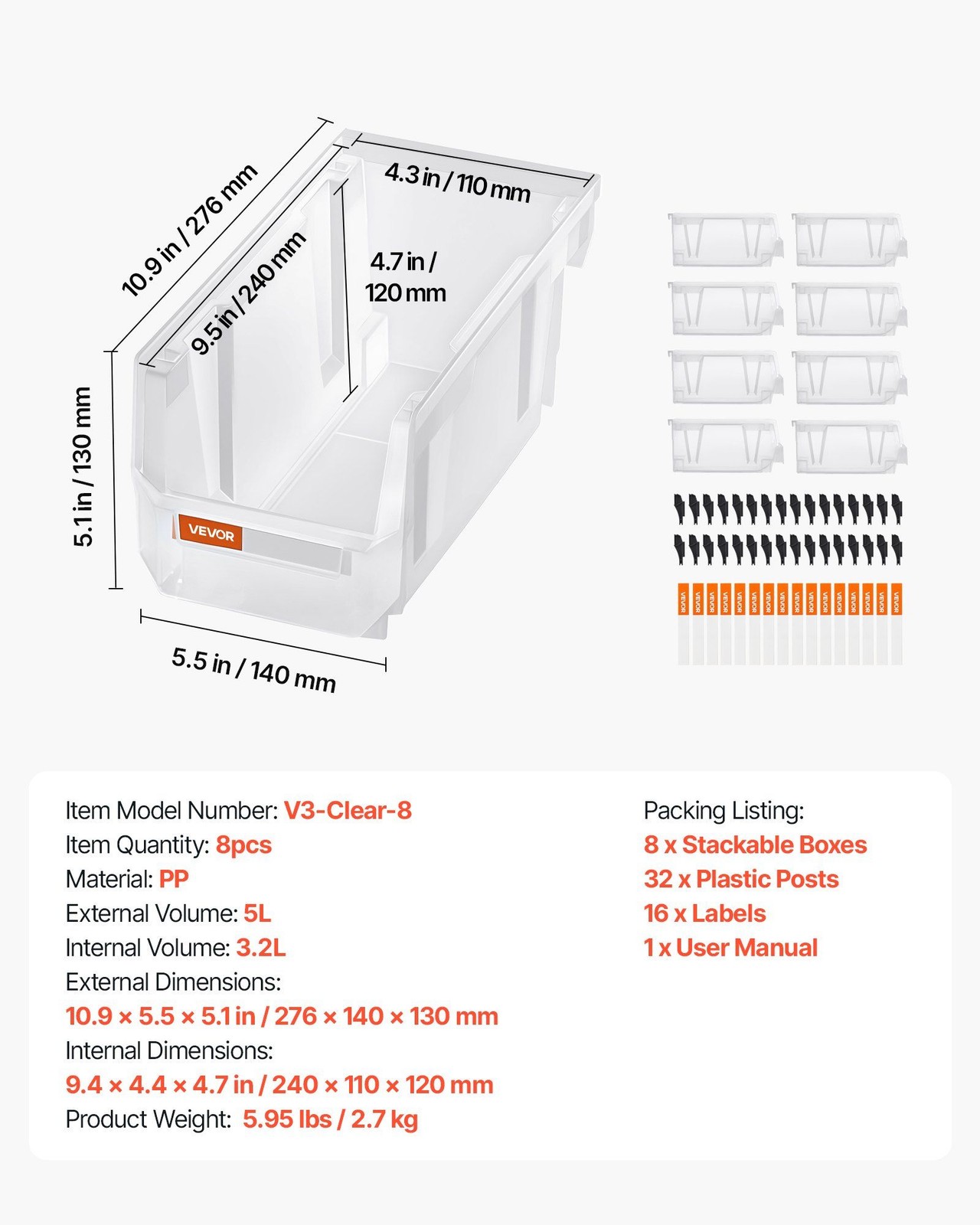 Stackable 10.9×5.5×5.1in Plastic 8-Pack Transparent Storage Bins