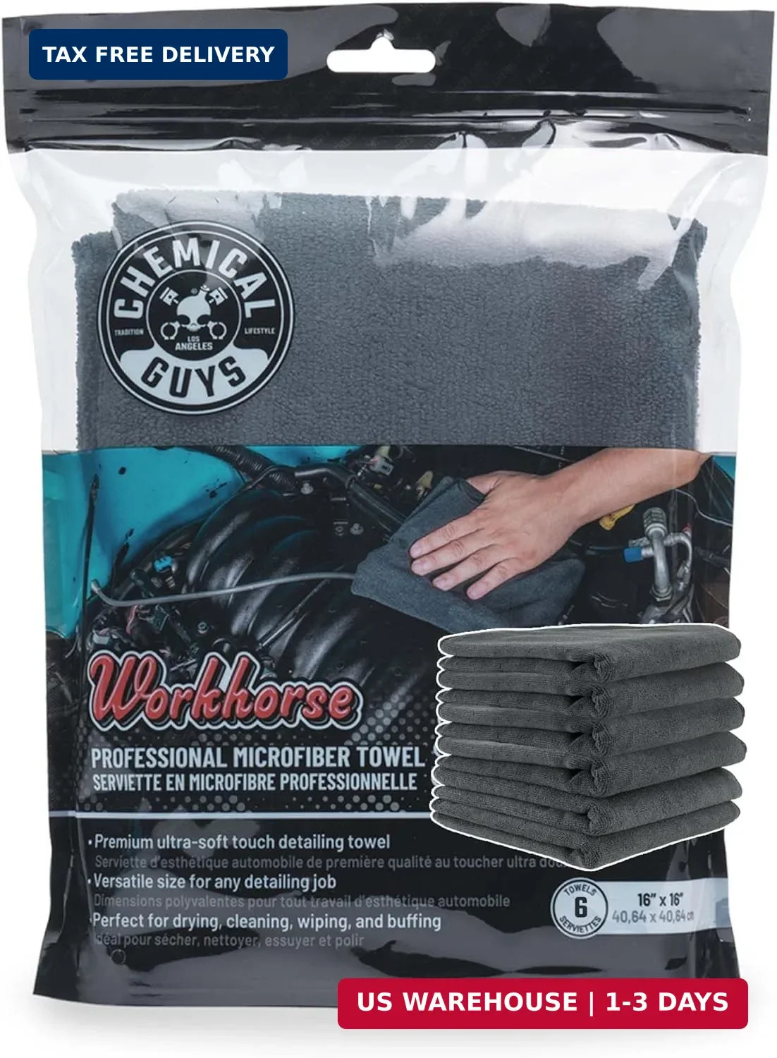 Chemical Guys MIC35306 Workhorse Professional Grade Microfiber Towel, Black (16