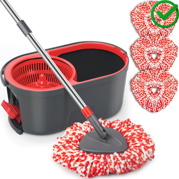 Rotating microfiber mop and bucket with foot-operated wringer.
