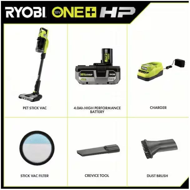 RYOBI PBLSV716K HP 18V Brushless Cordless Stick Vacuum w/ 4.0 Ah Battery (A/B)